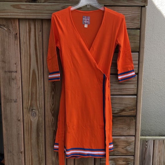NWOT- CHRISTINE & TAYLOR 3/4 Sleeve Wrap Dress - Orange blue white stripes - Picture 3 of 8